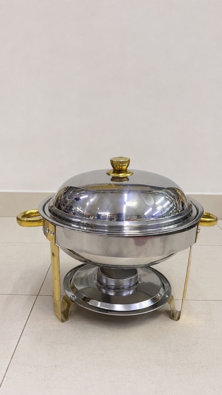1pc Round Stainless Steel Chafing Dish – 6Litre, Gold Accents, Glass Lid