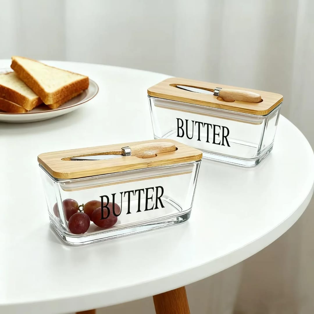 Glass butter tin with bamboo lid and spread knife 500ml