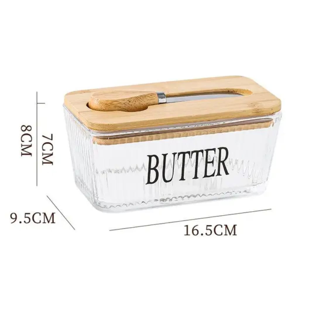 Glass butter tin with bamboo lid and spread knife 500ml