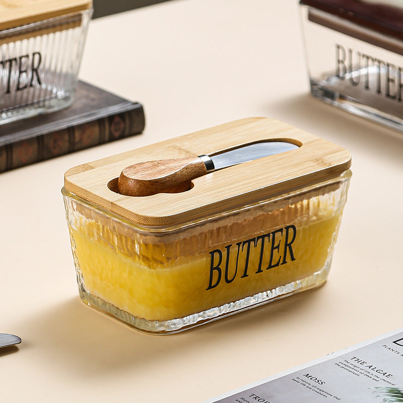 Glass butter tin with bamboo lid and spread knife 500ml