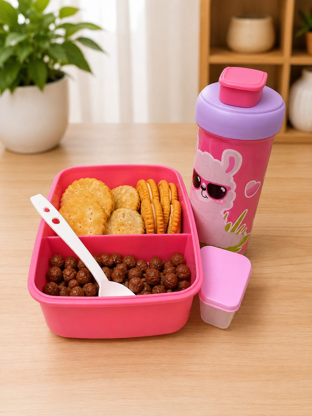 2pcs / set  2 compartment Bento Lunch Box plus water bottle with Spoon, fork Leak-Proof Food Container, Snap-Lock Lid