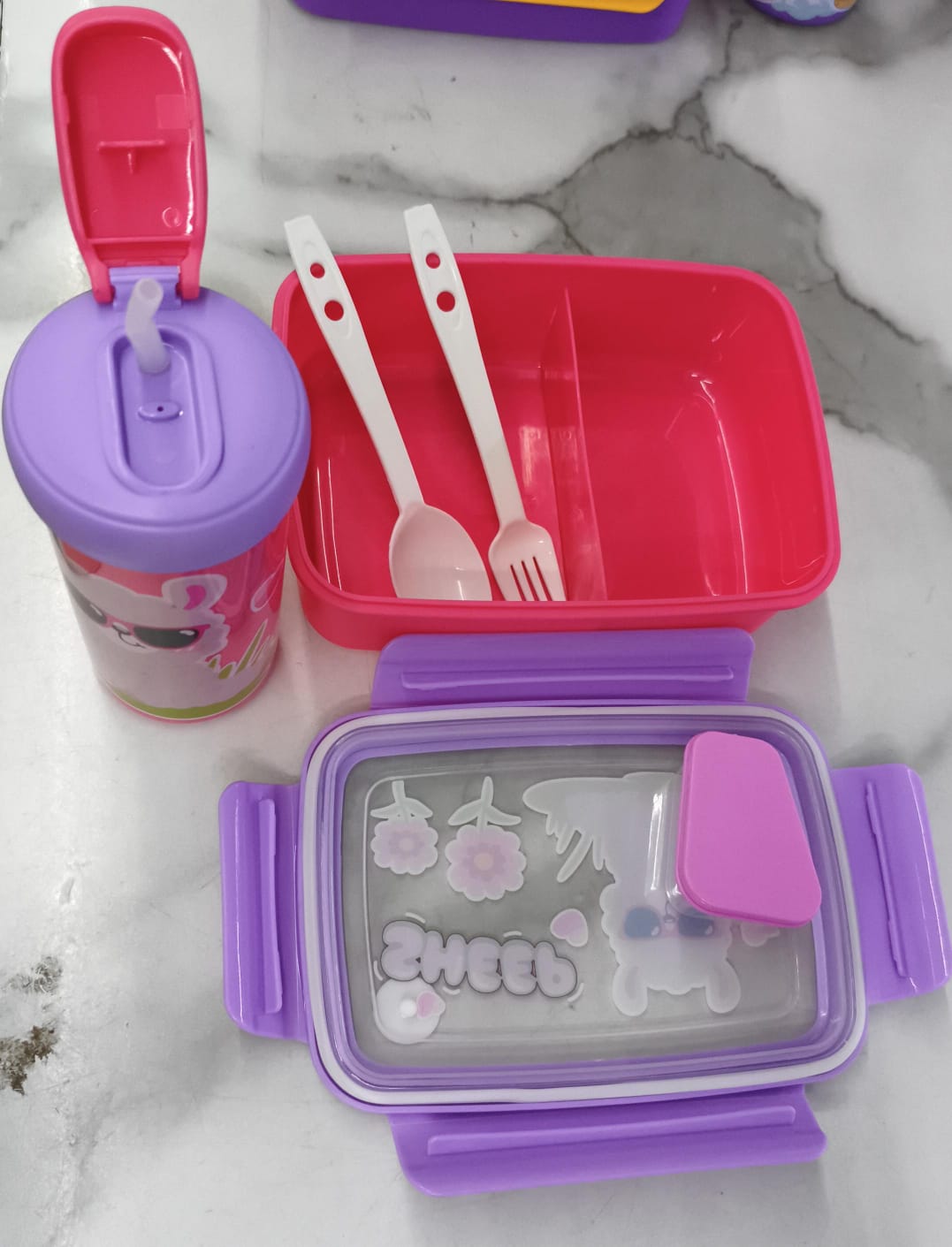 2pcs / set  2 compartment Bento Lunch Box plus water bottle with Spoon, fork Leak-Proof Food Container, Snap-Lock Lid