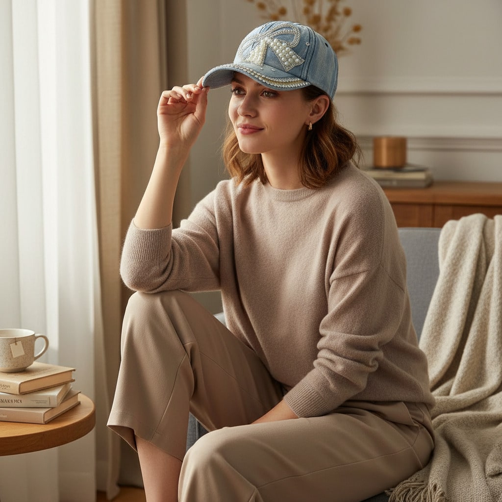 Bow Pearl Diamond Denim Baseball Cap, Spring And Summer New Girls Cap,Sun Protection Denim Hats For Women