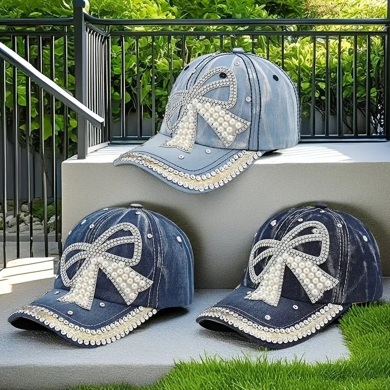 Bow Pearl Diamond Denim Baseball Cap, Spring And Summer New Girls Cap,Sun Protection Denim Hats For Women