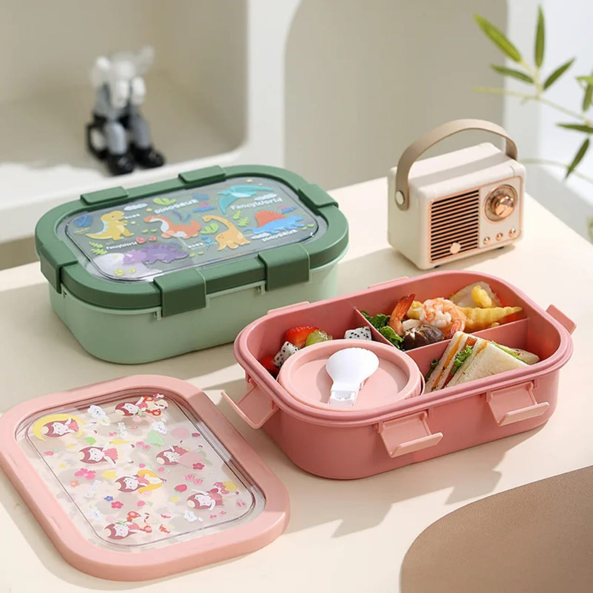 4-Compartment Bento Lunch Box with Spoon, Leak-Proof Food Container, Snap-Lock Lid