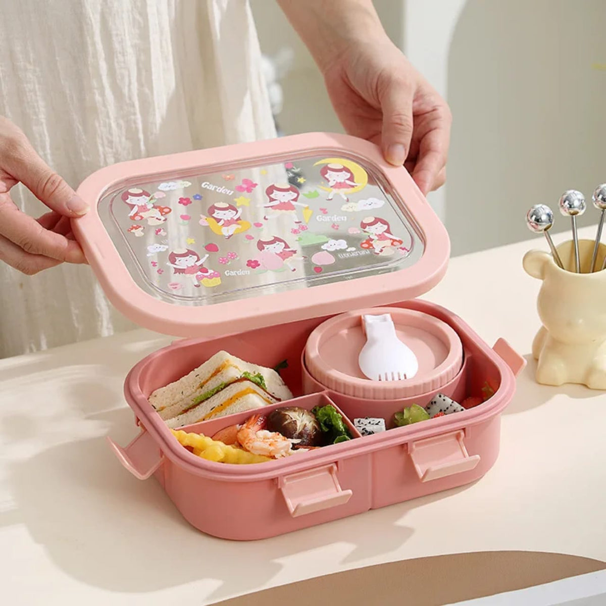 4-Compartment Bento Lunch Box with Spoon, Leak-Proof Food Container, Snap-Lock Lid