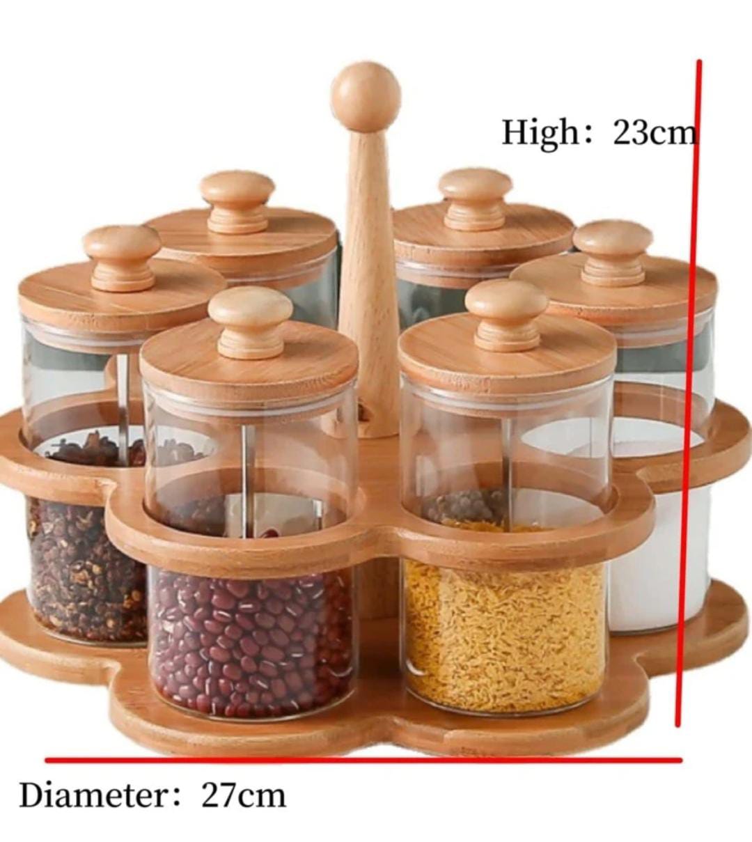 6 in 1 Rotating spice rack  With spoon /Seasoning set with Bamboo stand